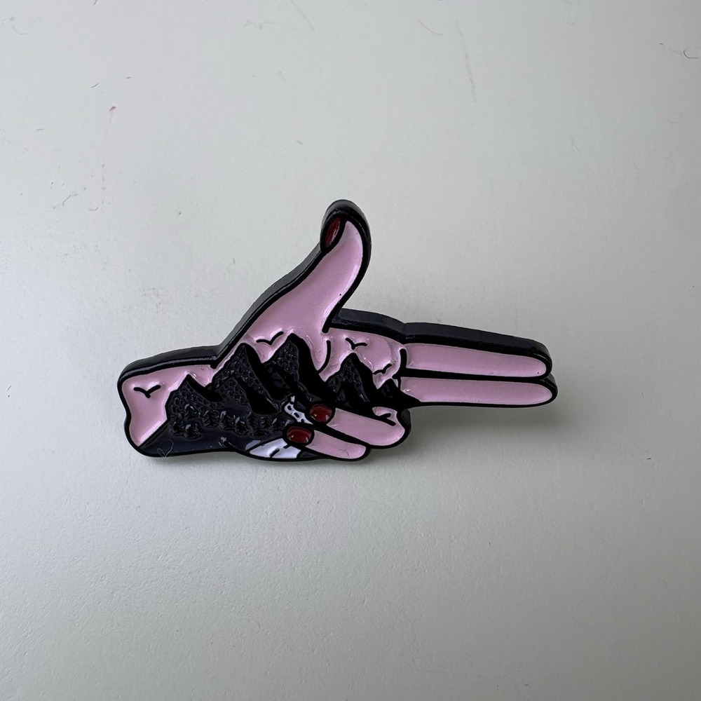 Hand And Mountains Road Enamel Lapel Pin Rubber Back Travel Camping